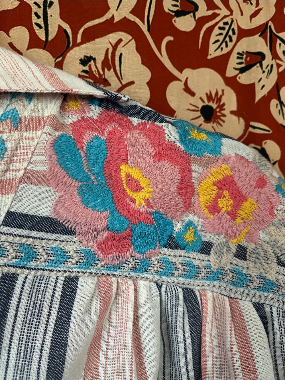 ANDREE BY UNIT Boho Pink/Navy Striped Embroidered Cotton Tie FrontTunic Size S - Picture 4 of 13